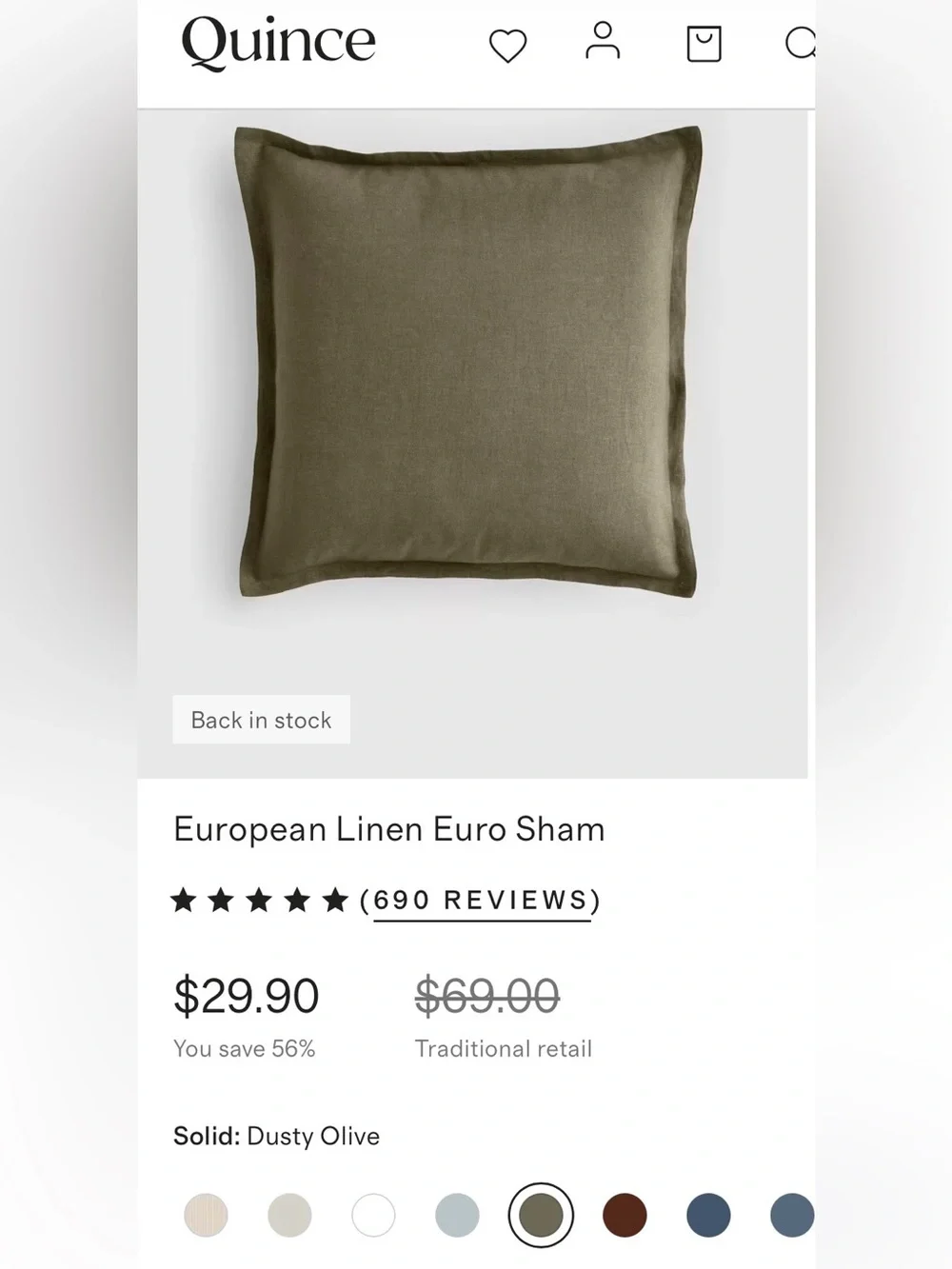 NWT Quince European Linen Euro Sham, 26 X 26 (Dusty Olive) *2 available